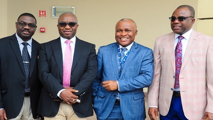 (L-r): Peter Arogundade, managing director, Sidmach Technologies Nigeria Limited; Dr Vincent Olatunji, acting director general of NITDA; Chijioke Eke, executive director, Sidmach Technologies Nigeria Limited, and Mr. Mike Olajide, executive director, Sidmach Technologies Nigeria Limited; at the Ag. DG of NITDA's Courtesy visit to Sidmach Technologies Nigeria Limited on Wednesday.